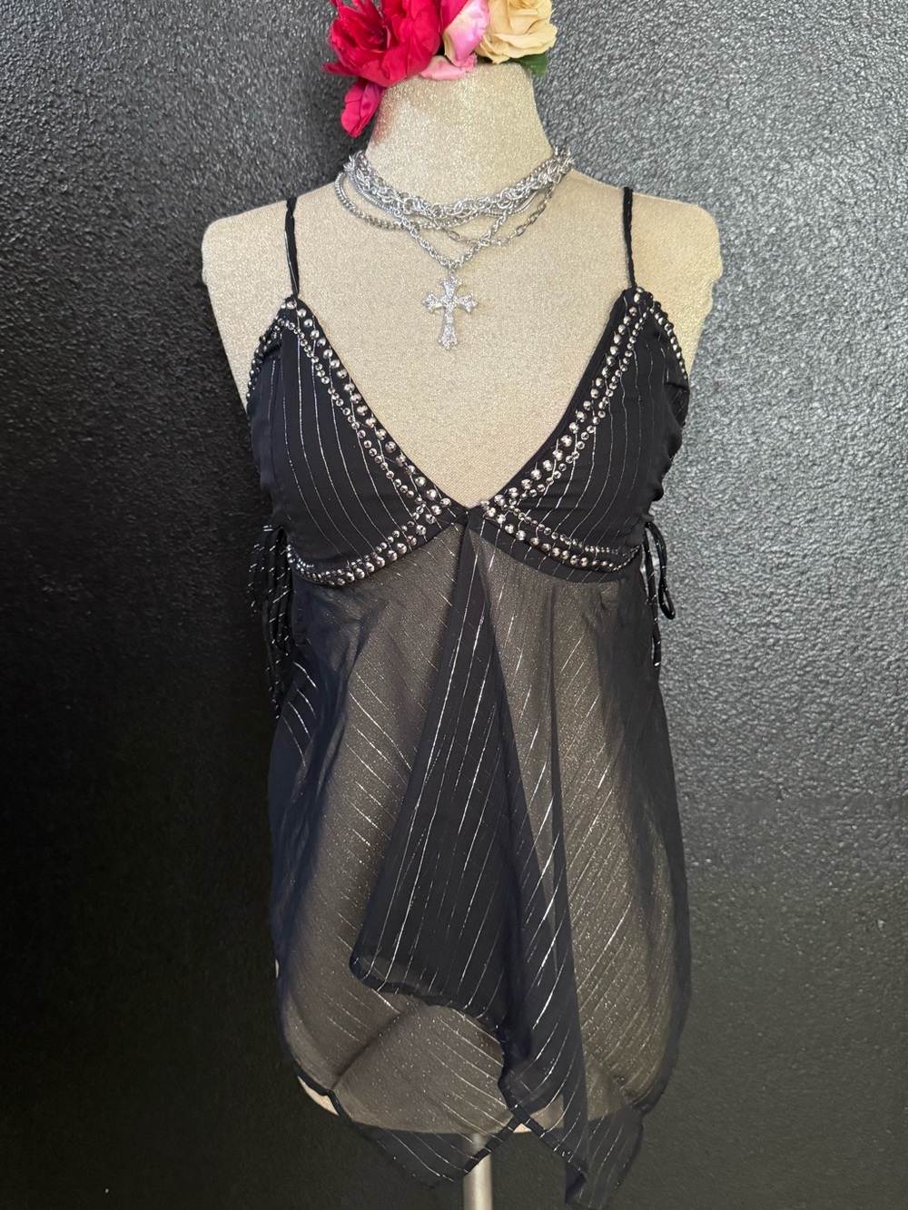 Live 4 Truth Black Sheer Beaded Spaghetti Strap Camisole